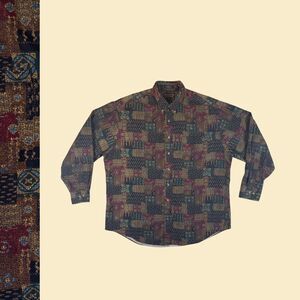 90s XL geometric mens shirt, Roundtree & Yorke, vintage blue/green abstract top